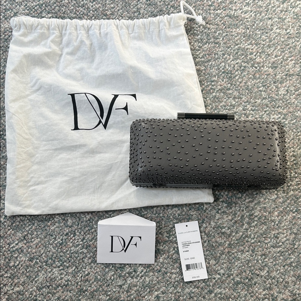 Diane Von Furstenberg Charcoal Studded Leather Clutch with pewter metal trim